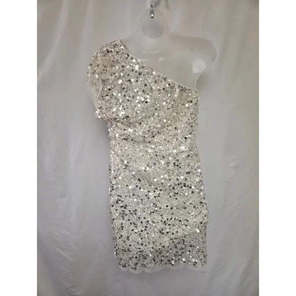 ARDEN‎ B Sequin One Shoulder Mini Dress White Sparkle Party Cocktail Size L - Picture 2 of 5